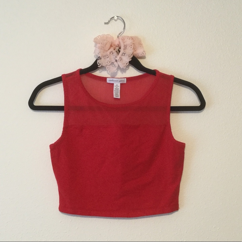 ambiance apparel Red Crop Top with Sheer Mesh Panel